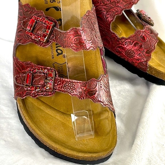 Betula by Birkenstock Brick Red/ Black Leather Jeweled Sandal Women US 10 EUR 41 - Picture 2 of 14